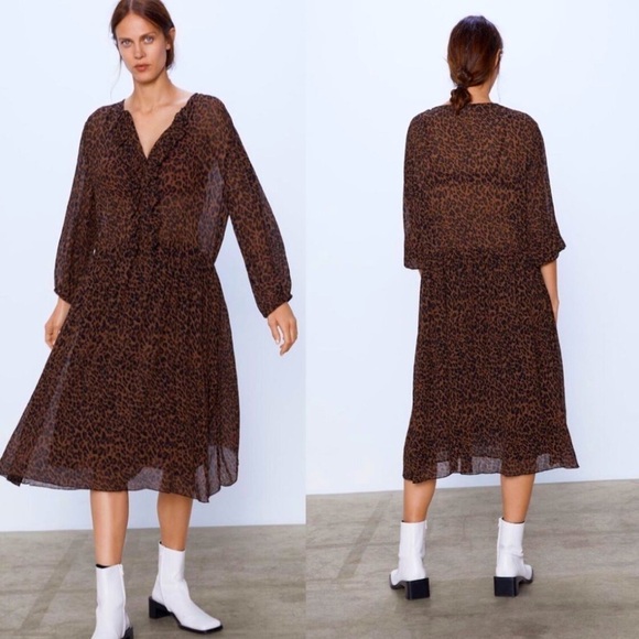New Zara Leopard Print Ruffle Sheer Dress - Picture 1 of 13